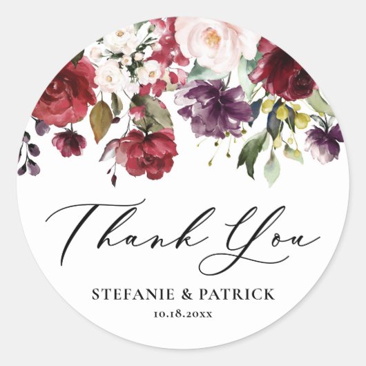 赤と紫の水彩花のガーランド サンキューカード ラウンドシール (正面)