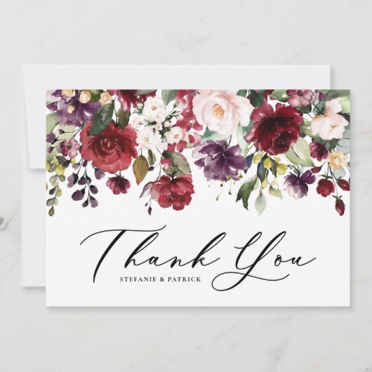 赤と紫の水彩花のガーランド 結婚式 サンキューカード (正面)