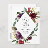 赤と紫の水色のフローラフレーム日付を保存 案内ポストカード (正面/裏面)