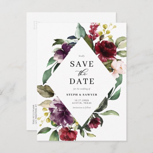 赤と紫の水色のフローラフレーム日付を保存 案内ポストカード (正面/裏面)