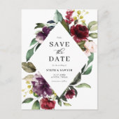 赤と紫の水色のフローラフレーム日付を保存 案内ポストカード (正面)