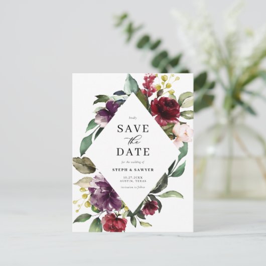 赤と紫の水色のフローラフレーム日付を保存 案内ポストカード (スタンド正面)