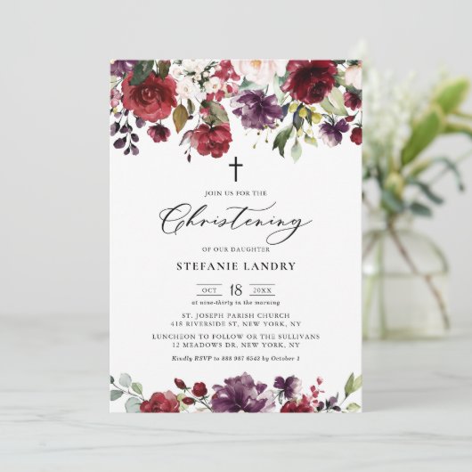 赤と紫の水色の花《キリスト教》洗礼式や命名式 招待状 (スタンド正面)