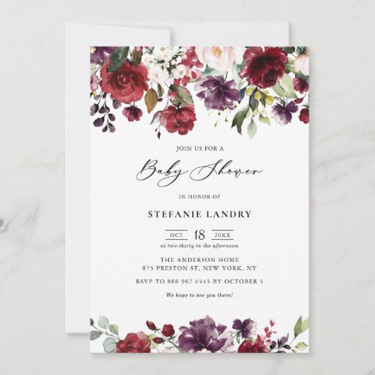 赤と紫の水色フローラガーランドベビーシャワー 招待状 (正面)