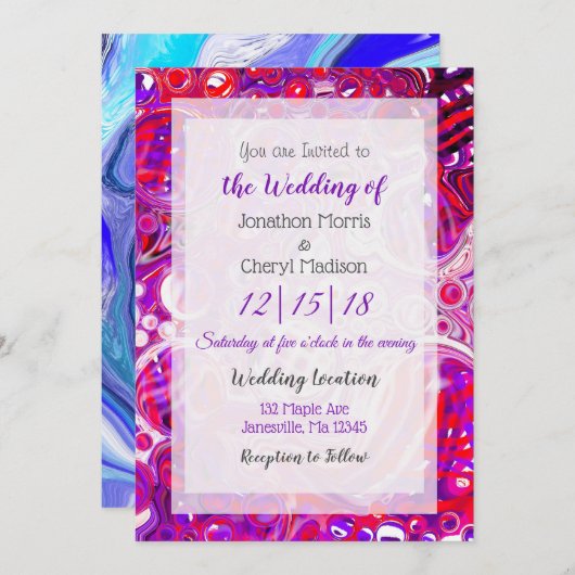 赤と紫の流体アート結婚式招待状 招待状 (正面/裏面)