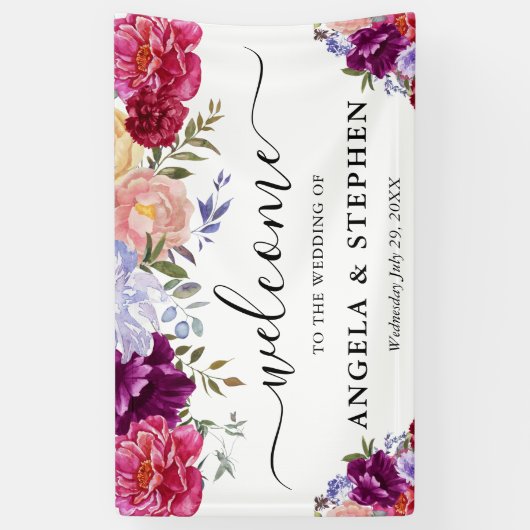 赤と紫の花結婚の歓迎 横断幕 (縦)