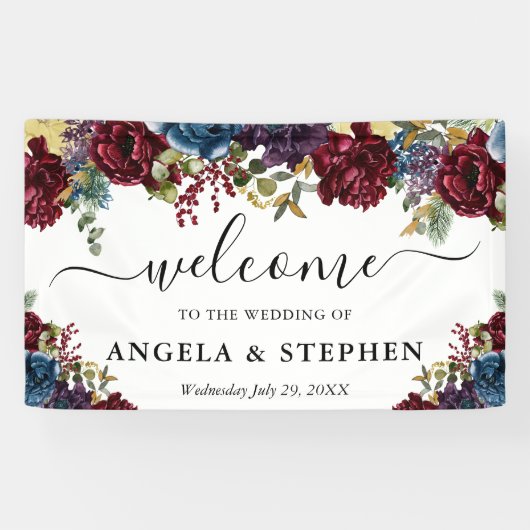 赤と紺の冬の花結婚の歓迎 横断幕 (横)