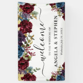 赤と紺の冬の花結婚の歓迎 横断幕 (縦)