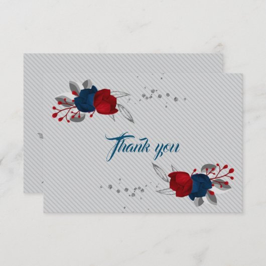 赤と紺の花グレイ葉 サンキューカード (正面/裏面)