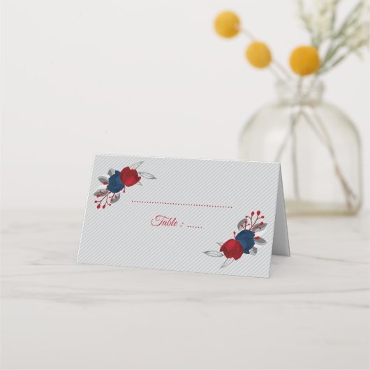 赤と紺の花シルバーグ葉レー プレイスカード (正面)