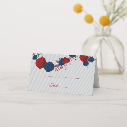 赤と紺の花シルバーグ葉レー プレイスカード (正面)