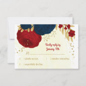 赤と紺の花葉金ゴールド結婚の 出欠カード (正面)