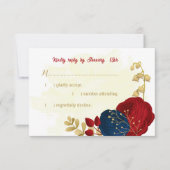 赤と紺の花葉金ゴールド結婚の 出欠カード (正面)