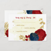 赤と紺の花葉金ゴールド結婚の 出欠カード (正面/裏面)