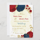 赤と紺の花葉金ゴールド結婚の 招待状 (正面)