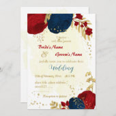 赤と紺の花葉金ゴールド結婚の 招待状 (正面/裏面)