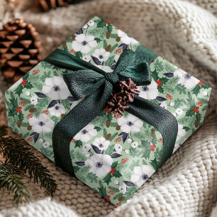 赤と緑と白のクリスマスの花柄の冬のパターン ラッピングペーパー