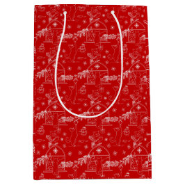 赤と緑と白のクリスマス 冬の猫 ミディアムペーパーバッグ