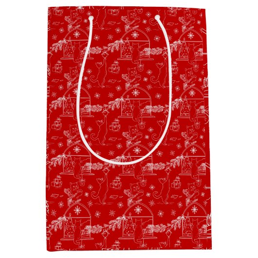 赤と緑と白のクリスマス 冬の猫 ミディアムペーパーバッグ (正面)