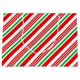 赤と緑のお菓子のクリスマスストライプの ラージペーパーバッグ