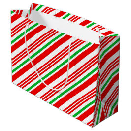 赤と緑のお菓子のクリスマスストライプの ラージペーパーバッグ