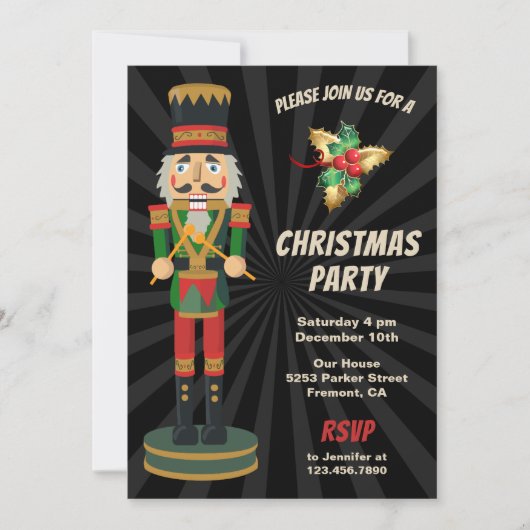 赤と緑のくるみ割りカーホリデークリスマスパーティー 招待状 (正面)