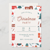 赤と緑のイラストクリスマスパーティー 招待状 (正面/裏面)
