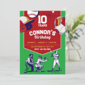 赤と緑のイラスト付き野球の誕生日パーティー 招待状 (スタンド正面)