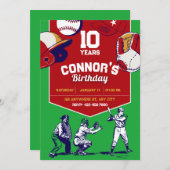 赤と緑のイラスト付き野球の誕生日パーティー 招待状 (正面/裏面)