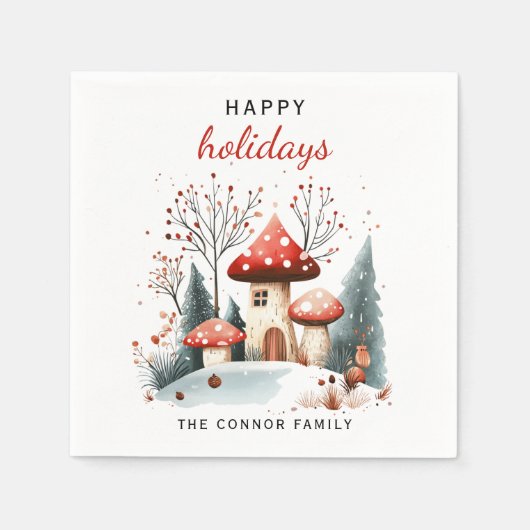 赤と緑のウィンターウッドランドハッピーホリデー スタンダードカクテルナプキン (正面)