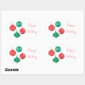 赤と緑のオーナメントホリデーメッセージ 楕円形シール (シート)