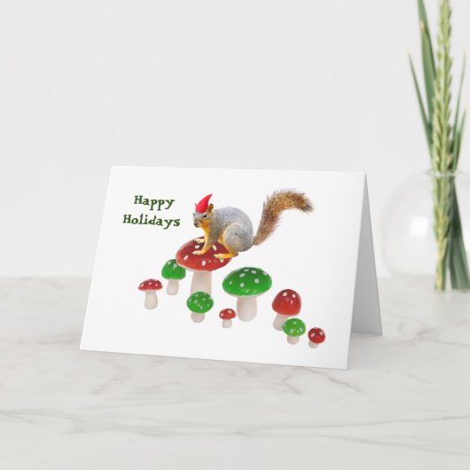 赤と緑のキノコのホリデーカード - トムテのスリッパー シーズンカード (正面)
