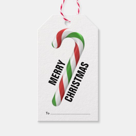 赤と緑のキャンディストライプのーケーンクリスマス ギフトタグ (正面)