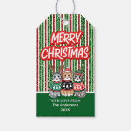 赤と緑のキャンディストライプーのクリスマス猫 ギフトタグ