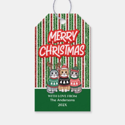 赤と緑のキャンディストライプーのクリスマス猫 ギフトタグ (正面)