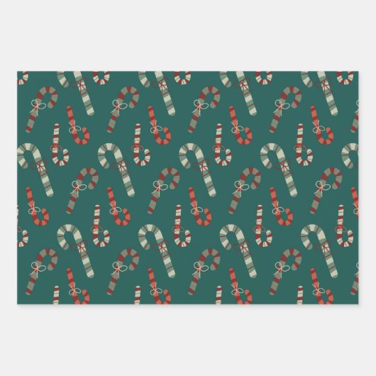 赤と緑のキャンディーキャンがクリスマスをコーディネート ラッピングペーパーシート (正面)