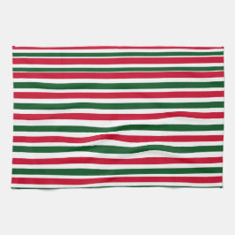 赤と緑のキャンディーケーンのクリスマスストライプ キッチンタオル