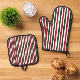 赤と緑のキャンディーケーンのクリスマスストライプ 鍋つかみ&鍋敷きセット