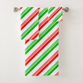 赤と緑のキャンディーケーンストライプズ バスタオルセット