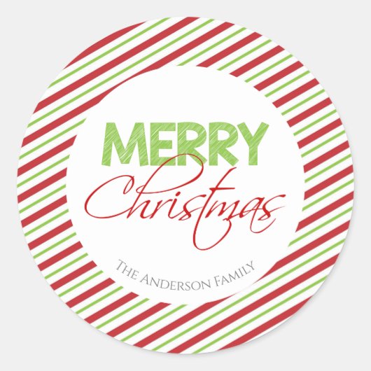 赤と緑のキャンディーケーンストライプ | ラウンドシール (正面)