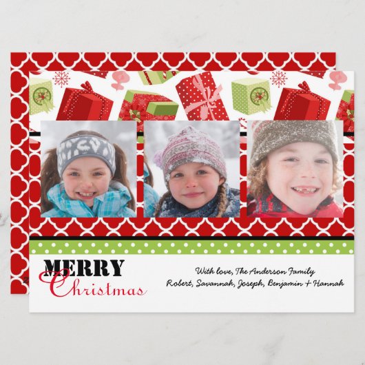 赤と緑のギフト3枚の写真 – 6x8クリスマスカード シーズンカード (正面/裏面)