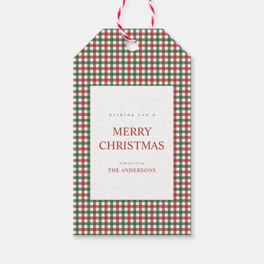 赤と緑のギンガムチェックのクリスマス ギフトタグ (正面)