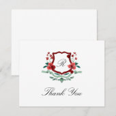 赤と緑のクラシックなクリスマスクレストの感謝カード サンキューカード (正面/裏面)