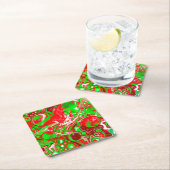赤と緑のクリスマスの渦 スクエアペーパーコースター (インサイチュ)