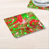 赤と緑のクリスマスの渦 スクエアペーパーコースター (アングル)