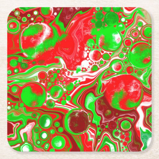 赤と緑のクリスマスの渦 スクエアペーパーコースター (正面)