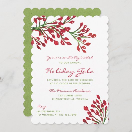 赤と緑のクリスマスの葉のホリデーガラ 招待状 (正面/裏面)