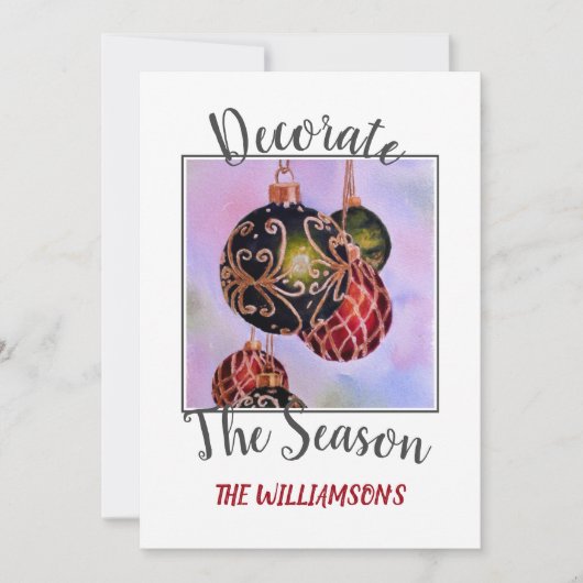 赤と緑のクリスマスオーナメントと写真 シーズンカード (正面)