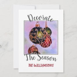 赤と緑のクリスマスオーナメントと写真 シーズンカード