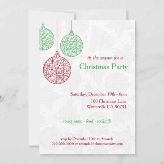 赤と緑のクリスマスオーナメントパーティー招待状 招待状 (裏面)